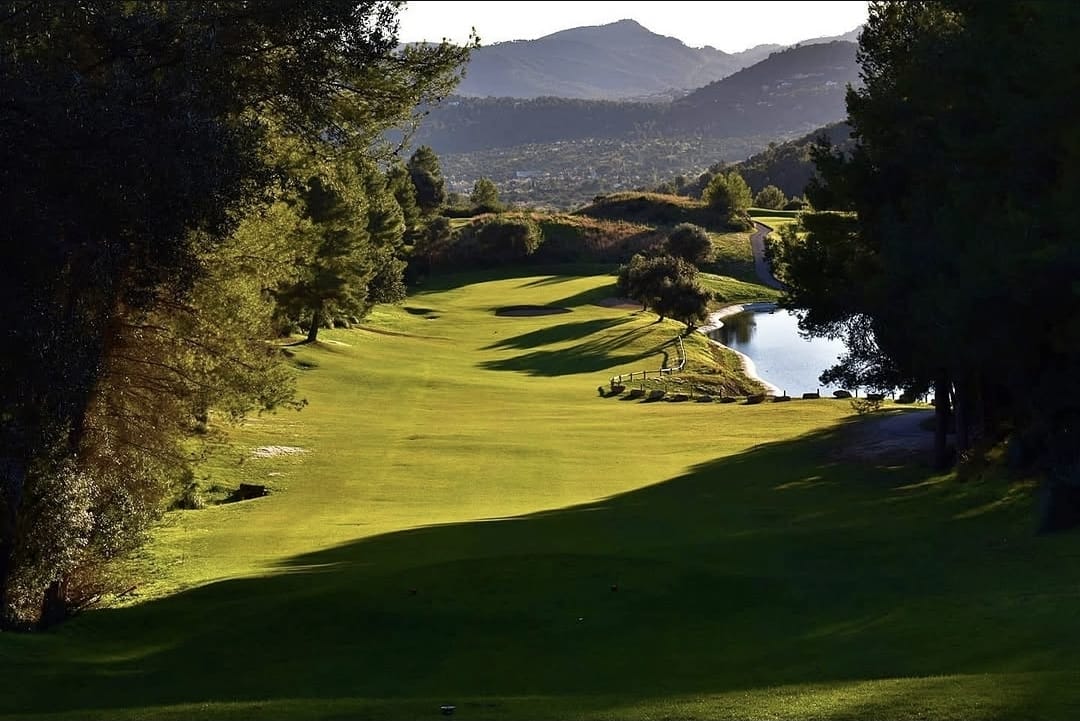 A tree-lined fairway in Mallorca with mountains behind