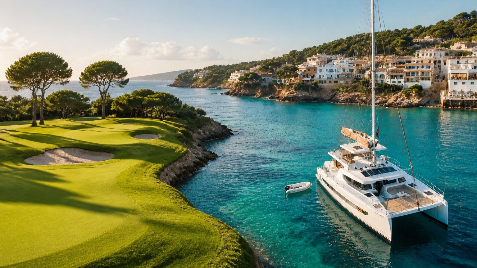 A catamaran moored beside a coastal fairway